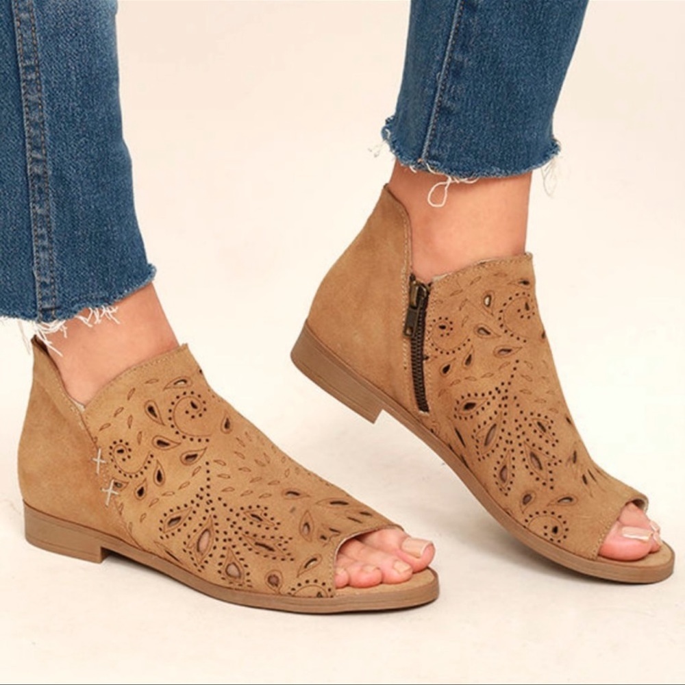 Coolway Nelia Perforated  tan Suede Peep-Toe Bootie - Size 6
